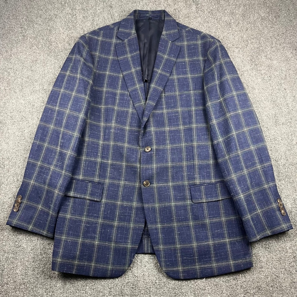 NWOT Jos A Bank Blue Windowpane Plaid Wool Linen Blend Blazer 44L Unstructured
